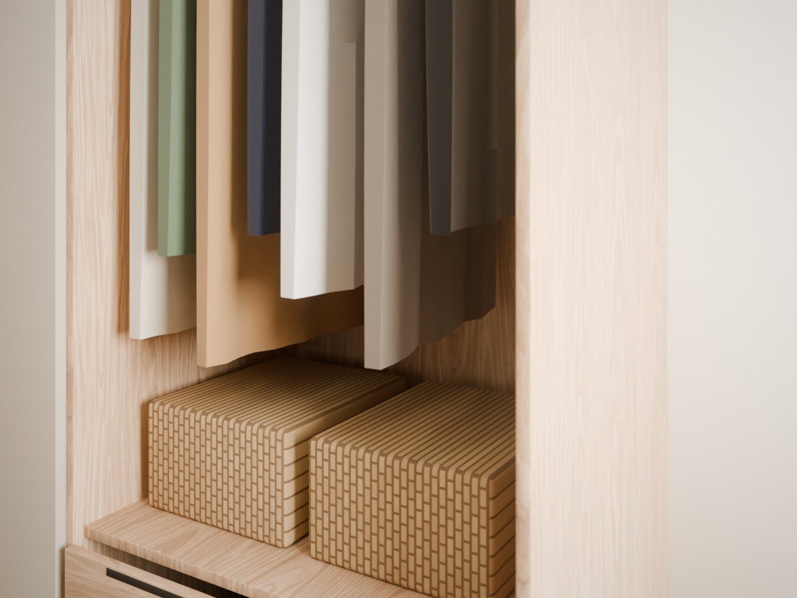 Detalle del módulo abierto del closet: entrepaño con luz LED, barra negra, canastas y cajones en diseño roble