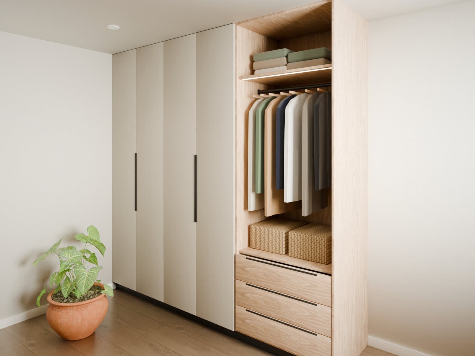 Render de closet de piso a techo con puertas batientes y un módulo abierto en diseño roble: barra, entrepaño con luz, canastas y cajones