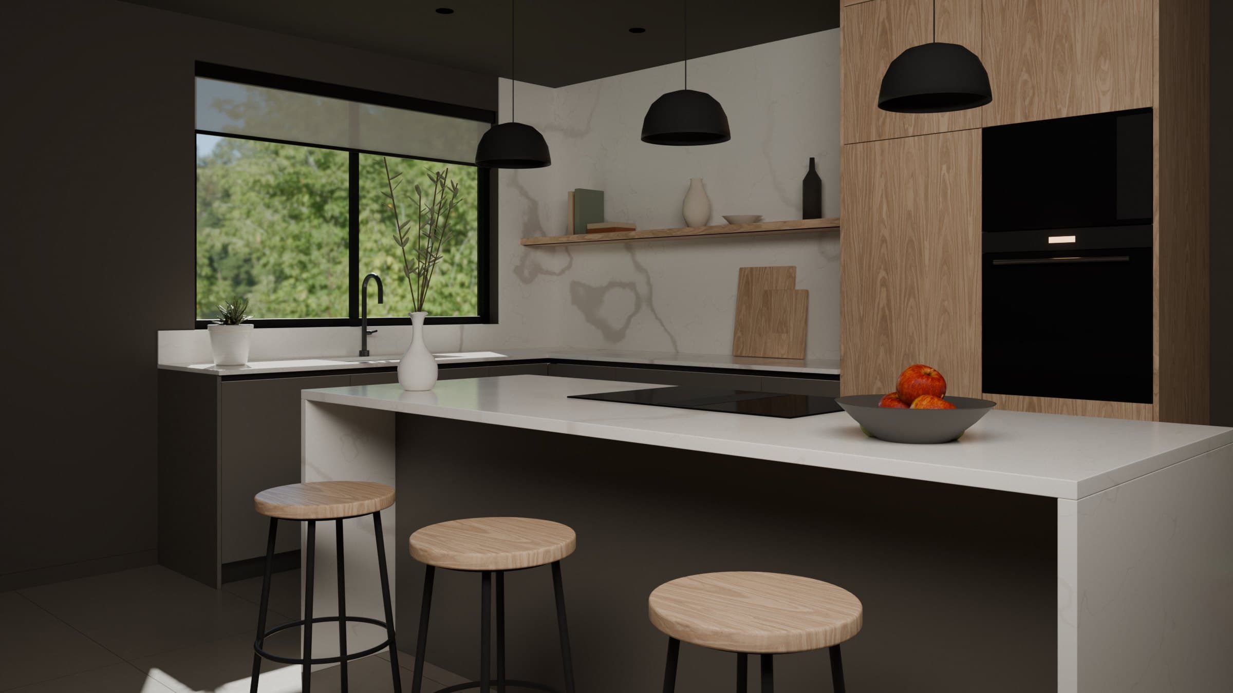 La misma cocina con isla de día: luz de ventana, lámparas apagadas y los mismos muros carbón