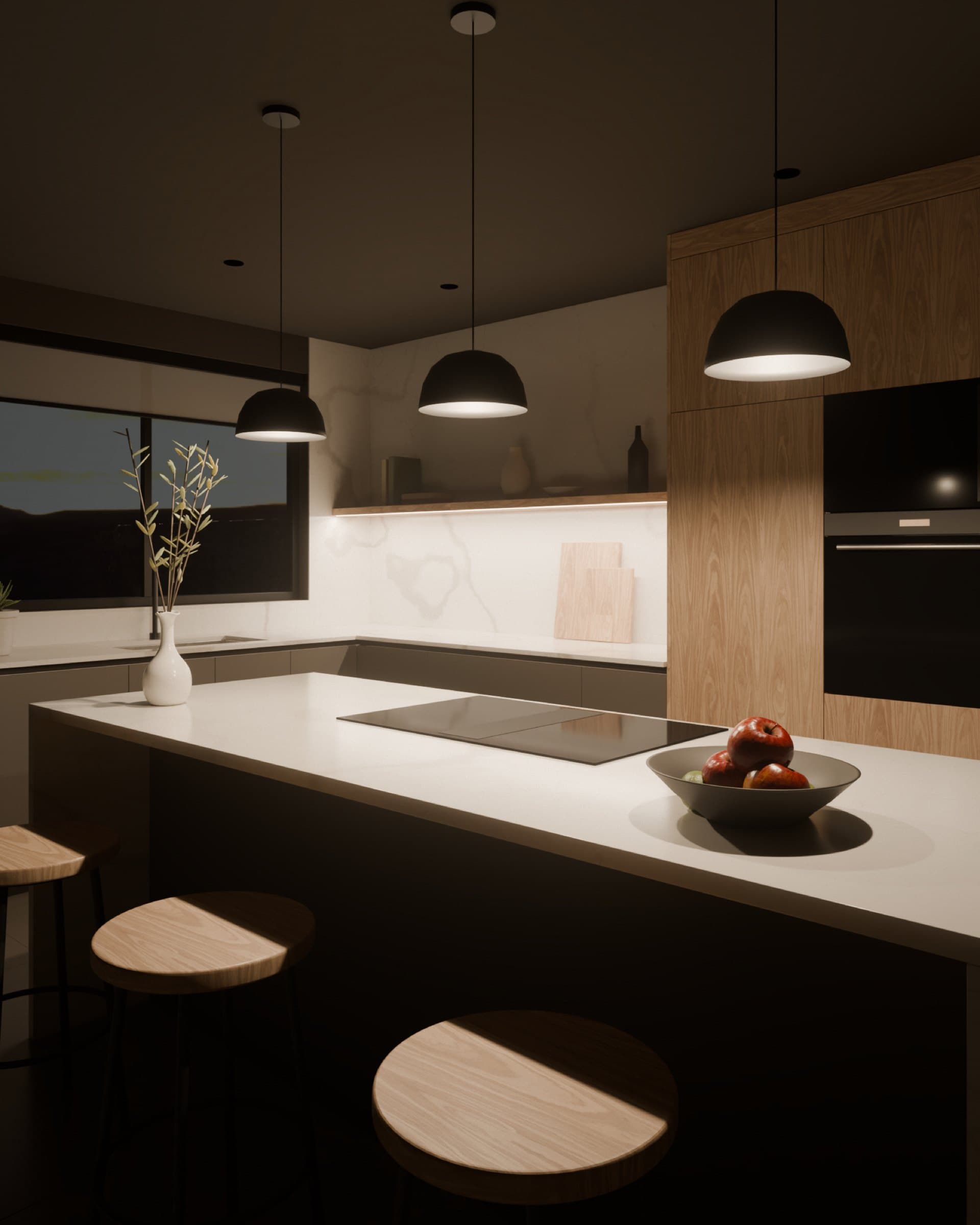 Render nocturno de una cocina en L con isla en piedra sinterizada, columnas en acabado roble y tres lámparas colgantes como única luz