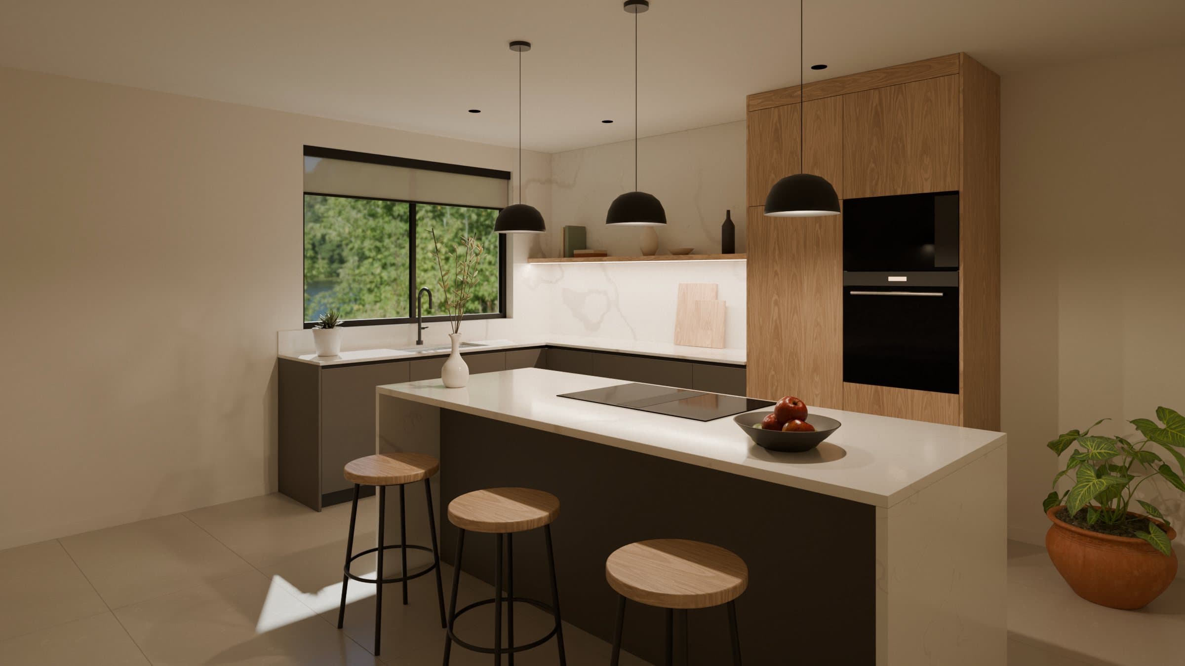 Render de cocina en L con isla a medida: frentes grafito sin manijas, columnas en roble con horno empotrado, isla con cascada en piedra sinterizada y tres lámparas colgantes