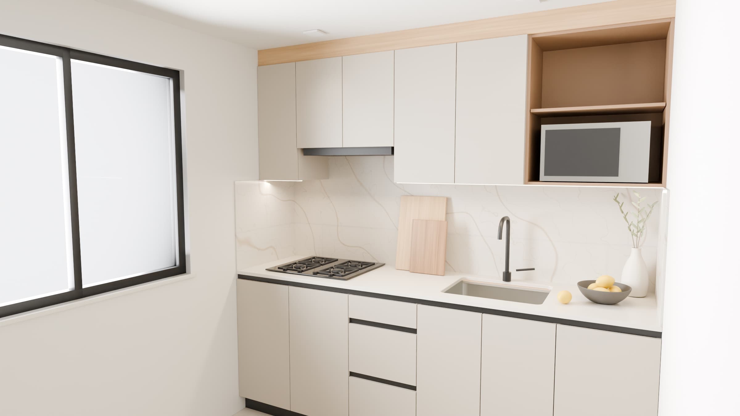 Render de cocina lineal a medida en melamina greige mate sin manijas, mesón de cuarzo claro, salpicadero veteado y ventana con luz de día