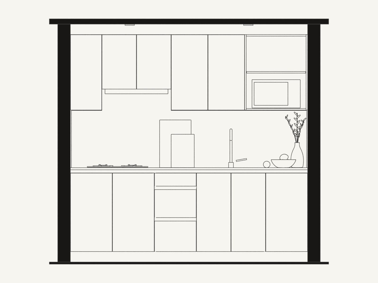 Plano en alzado de la cocina lineal, con cada mueble dibujado en línea