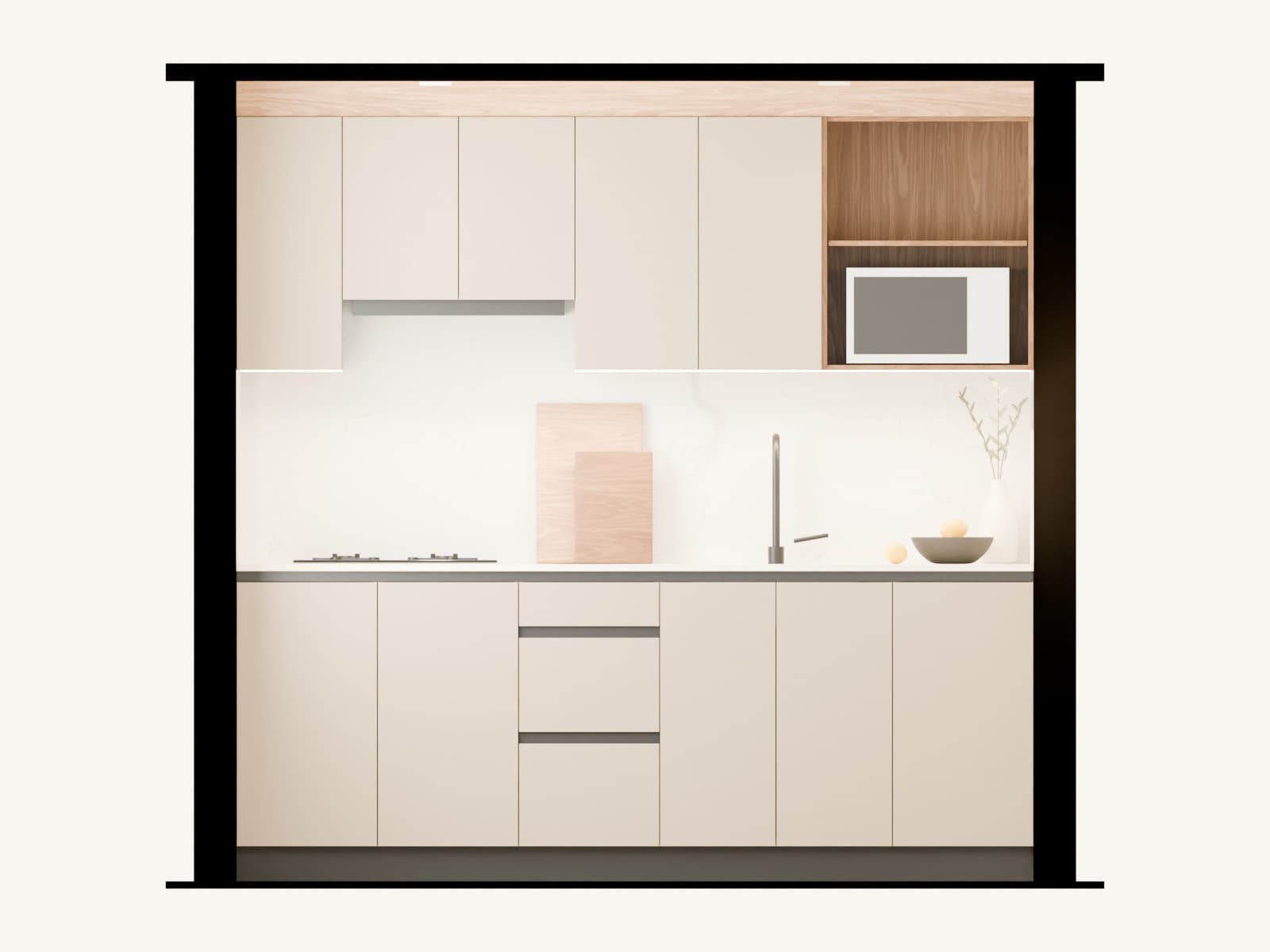 Render fotorrealista de la misma cocina desde el mismo punto de vista del plano