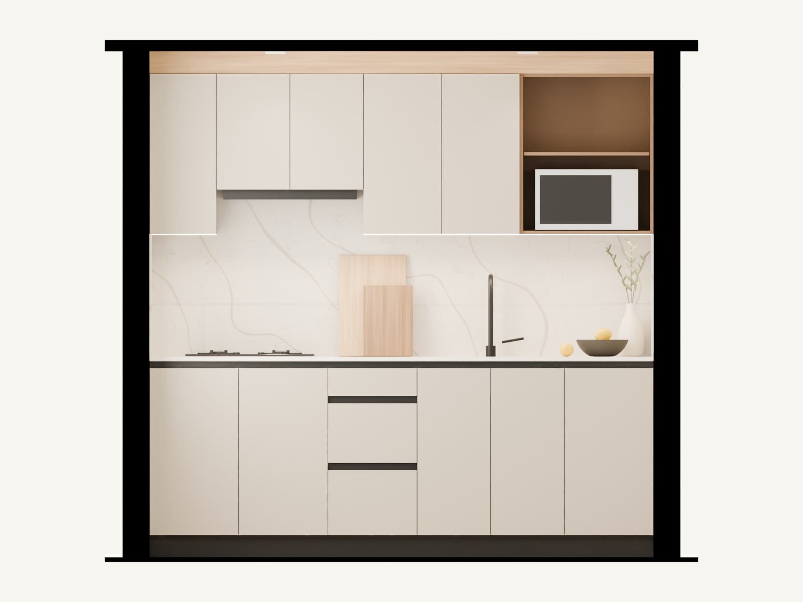 Render fotorrealista de la misma cocina desde el mismo punto de vista del plano