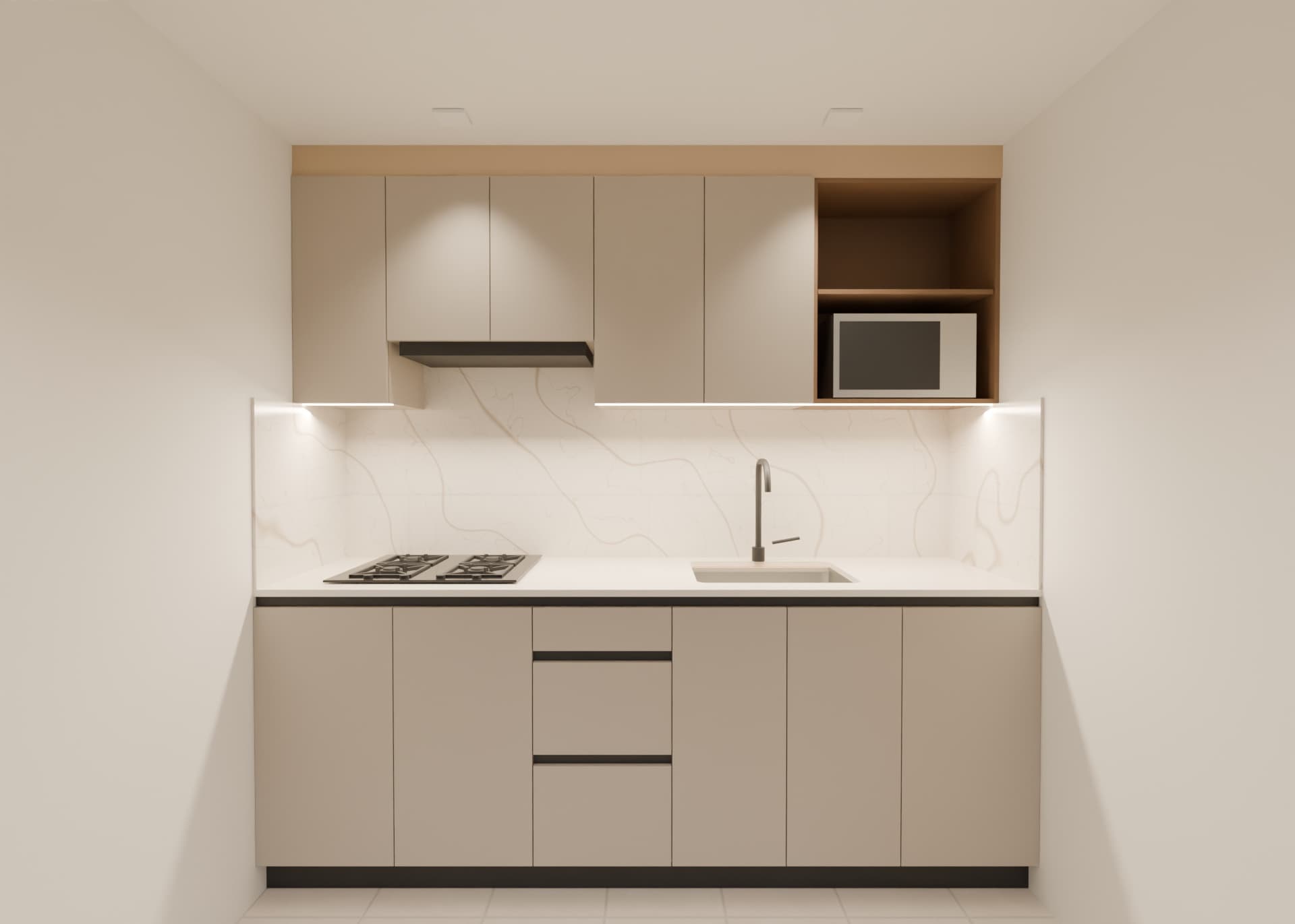 Render frontal de cocina lineal de 2,26 metros en tono taupe, con cajonera central, lavaplatos bajo mesón y cubierta a gas