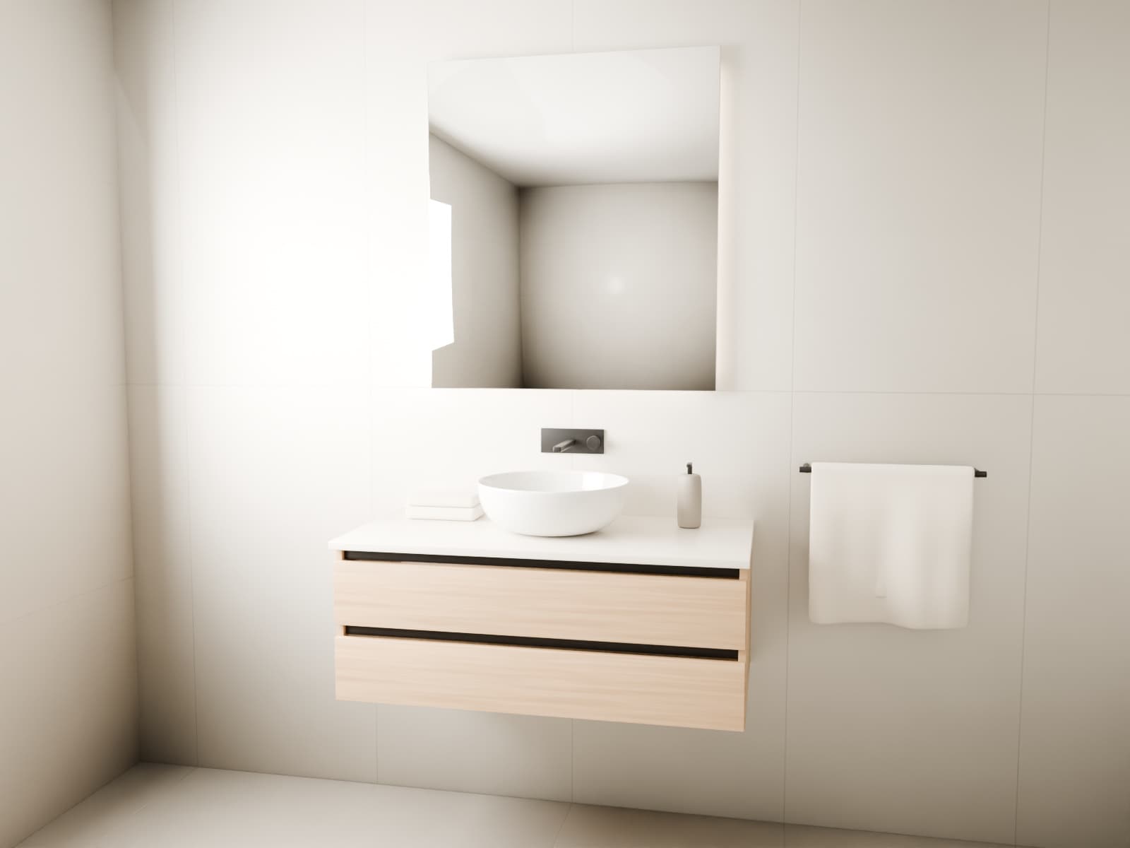 Render de mueble de baño flotante a medida en diseño roble con dos cajones, mesón claro, lavamanos de sobreponer y espejo con luz