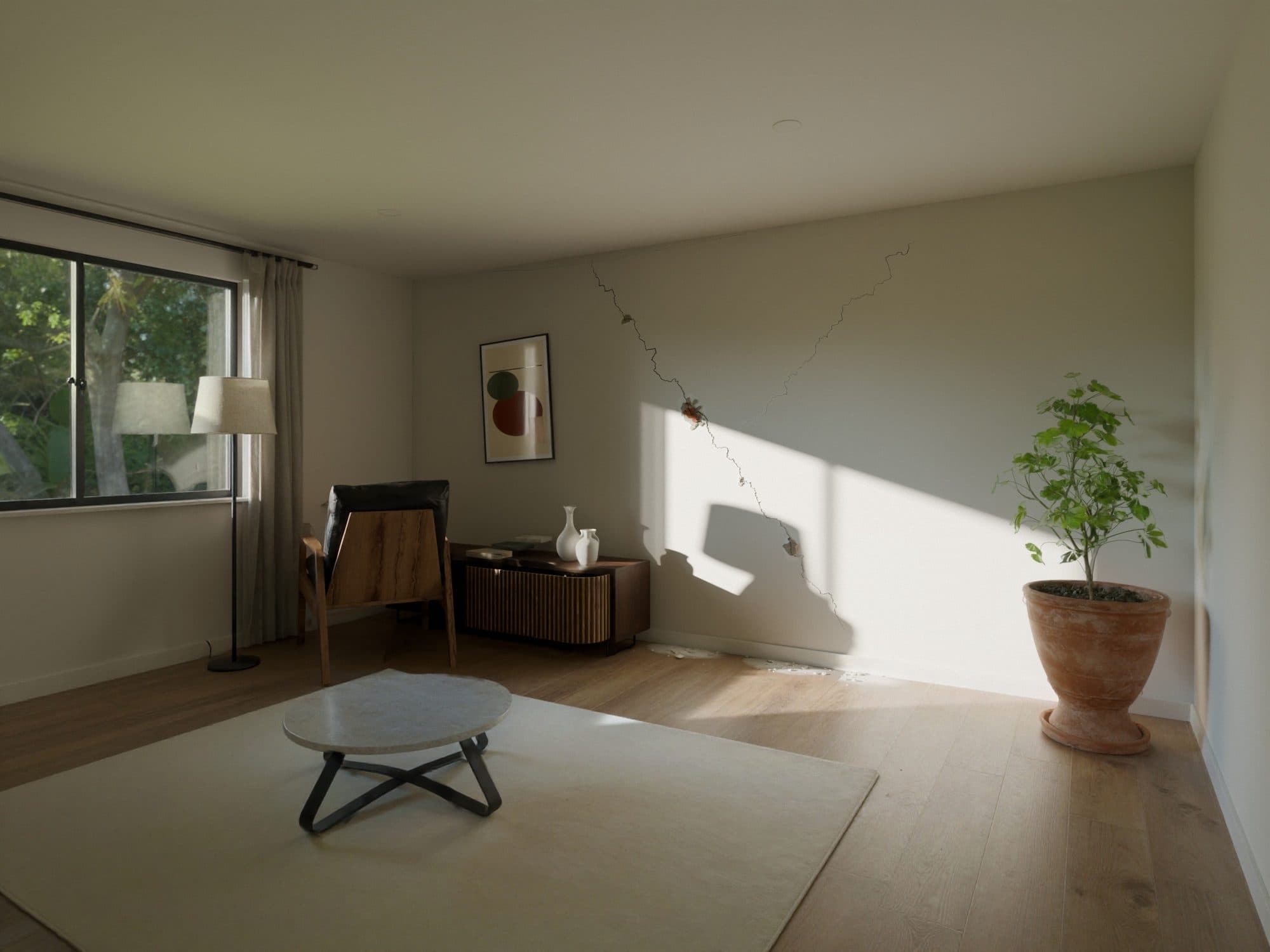 Render de una sala con fisuras diagonales en el muro después del sismo: pintura desprendida, resane caído hasta el ladrillo y escombro junto al guardaescoba