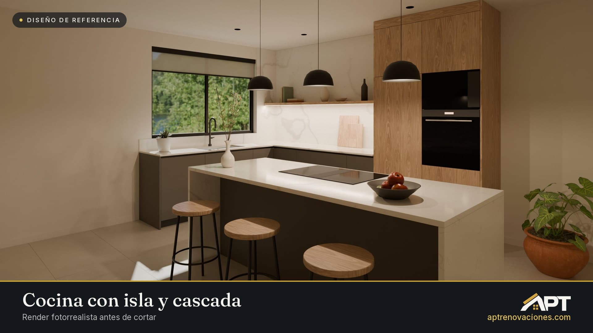 Formato horizontal 16:9 de la cocina con isla y cascada, para diapositivas y pantallas de reunión