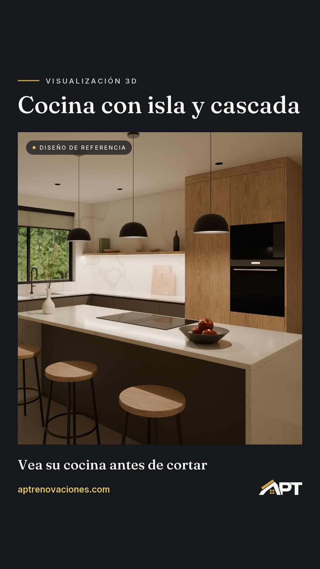 Formato vertical 9:16 de la cocina con isla y cascada con el título del proyecto, para historias y Reels