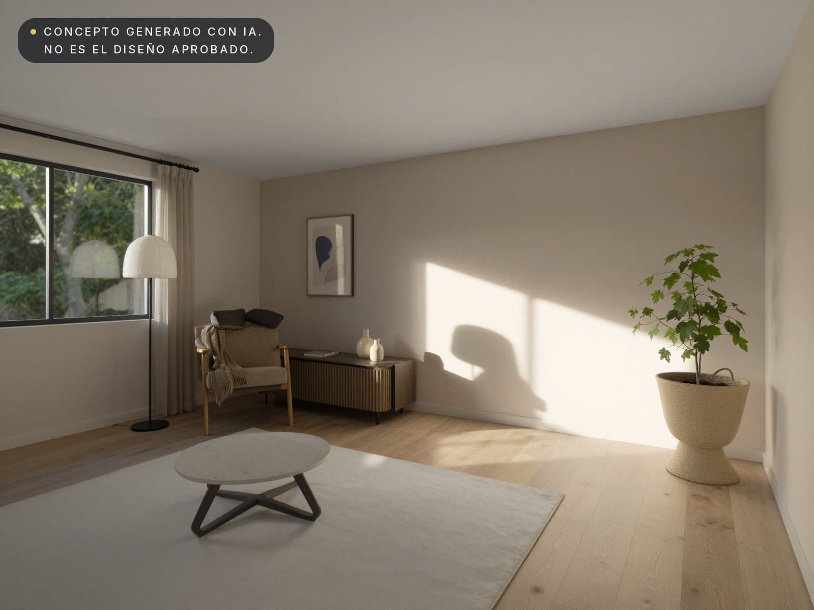 Concepto generado con IA de la misma sala en estilo nórdico cálido, a partir del render de Blender