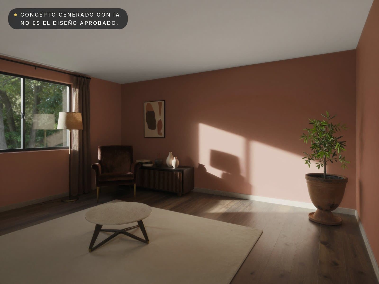 Concepto generado con IA de la misma sala en estilo contemporáneo en tonos tierra, a partir del render de Blender