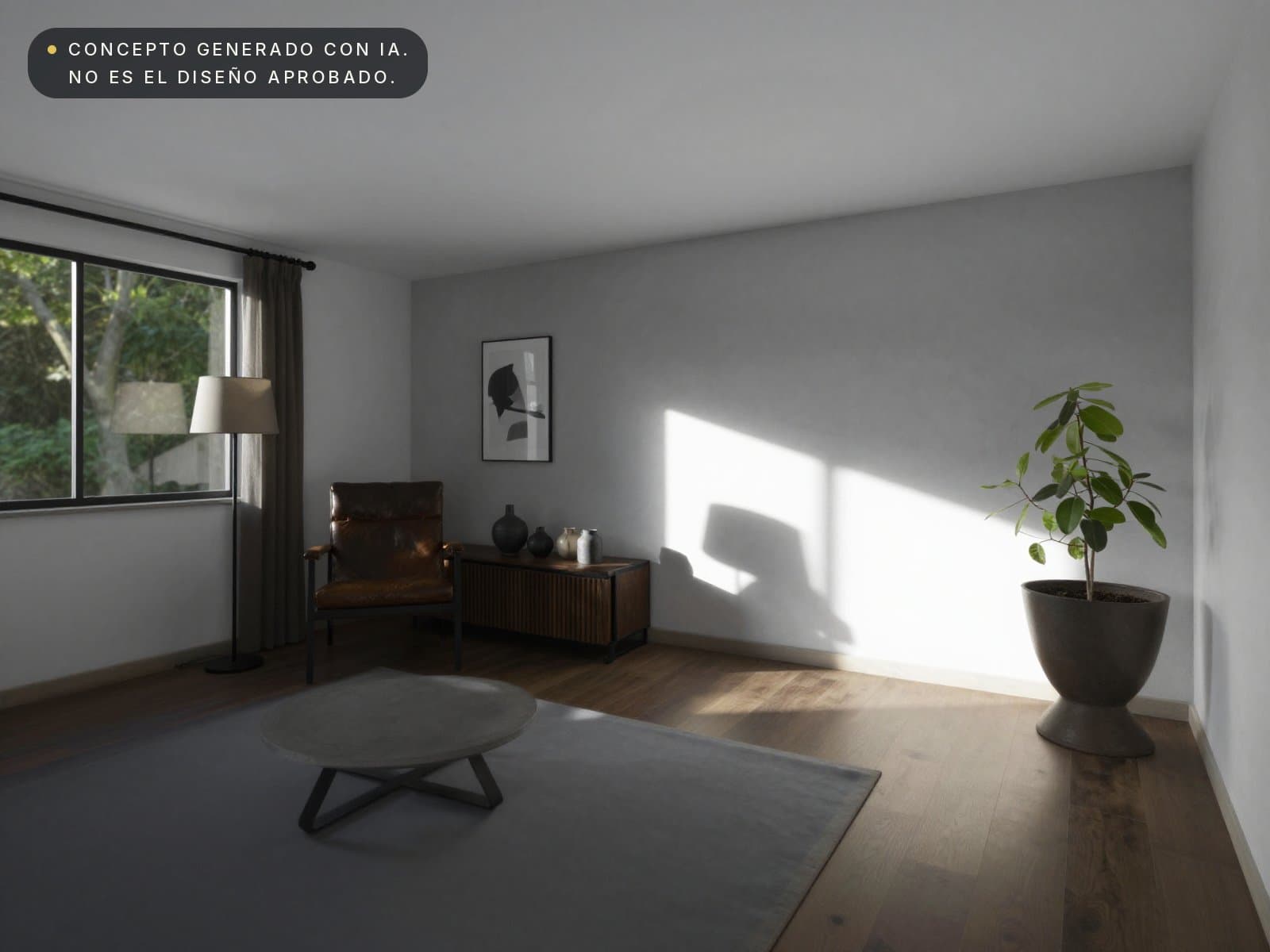 Concepto generado con IA de la misma sala en estilo industrial suave, a partir del render de Blender