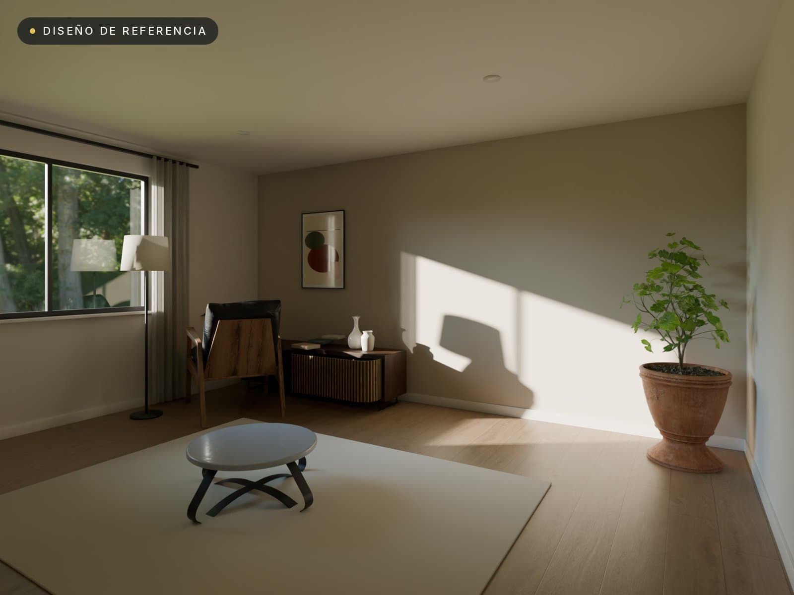 Render de una sala hecho en Blender, el punto de partida de las tres variantes de estilo del Concepto IA