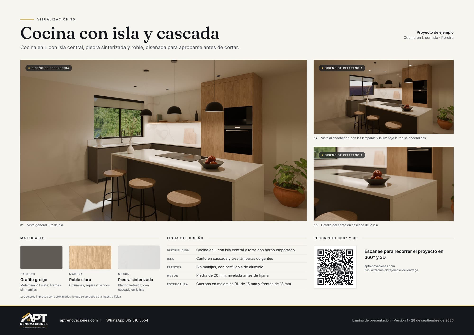 Lámina A3 de presentación «Cocina con isla y cascada»: vista general, dos detalles, muestras de materiales, ficha del diseño y un código QR que abre el recorrido del proyecto